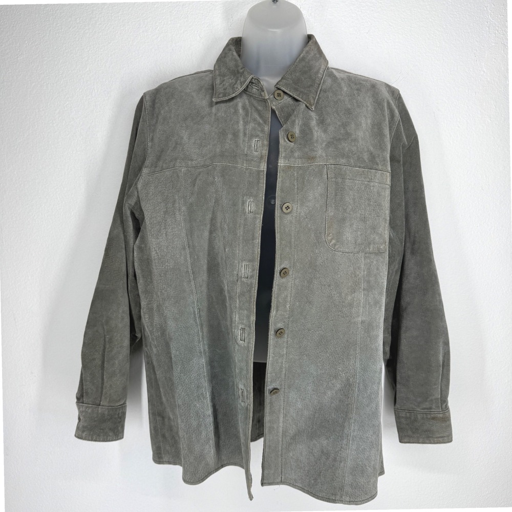 Coldwater Creek Grey Suede Leather Button Down Shirt Jacket Womens Size S Boho
